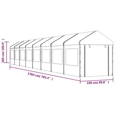 vidaXL Prieel met dak 17,84x2,28x2,69 m polyetheen wit