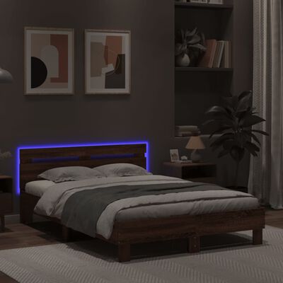 vidaXL Bedframe met hoofdeinde en LED bruin eikenkleur 135x190 cm