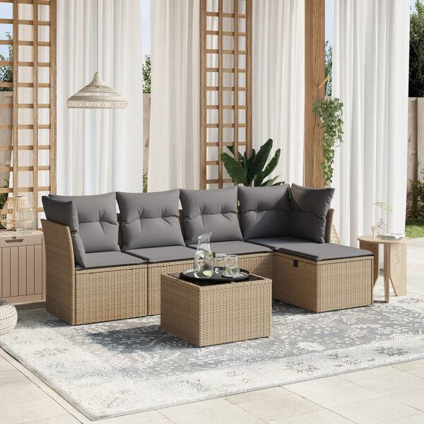 vidaXL 6-delige Loungeset met kussens poly rattan gemengd beige