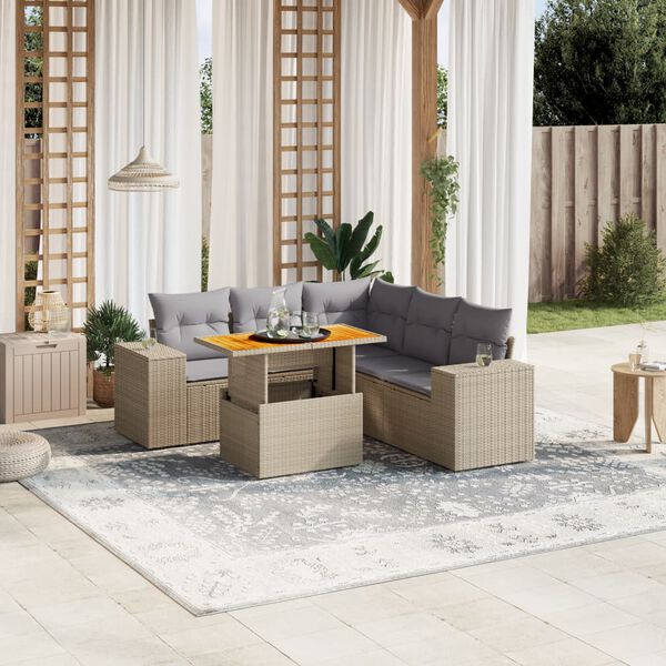 vidaXL 6-delige Loungeset met kussens poly rattan beige