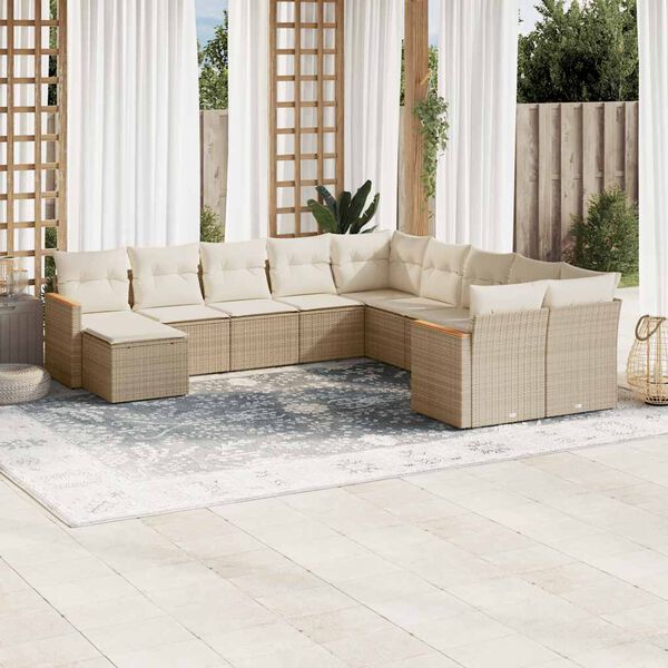 vidaXL 11-delige Tuinset met kussens poly rattan beige