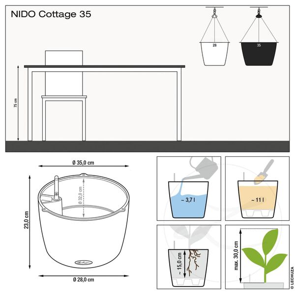 LECHUZA Plantenbak NIDO Cottage 35 ALL-IN-ONE hangend lichtgrijs