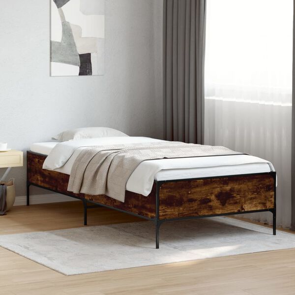 vidaXL Bedframe bewerkt hout en metaal gerookt eikenkleurig 75x190 cm