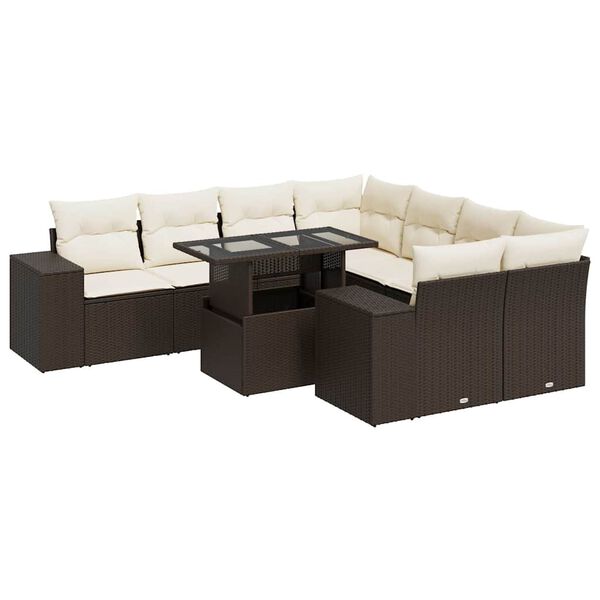 vidaXL 9-delige Loungeset met kussens poly rattan bruin