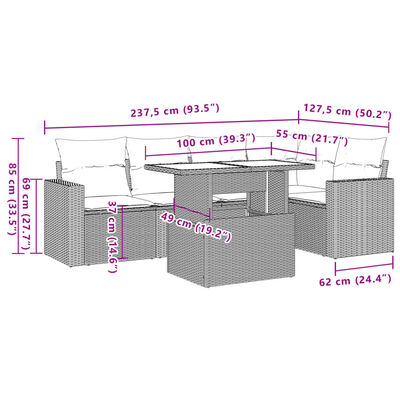 vidaXL 6-delige Loungeset met kussens poly rattan lichtgrijs