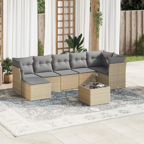 vidaXL 8-delige Loungeset met kussens poly rattan beige