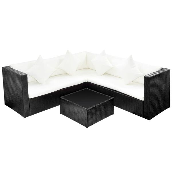 vidaXL 4-delige Loungeset met kussens poly rattan zwart