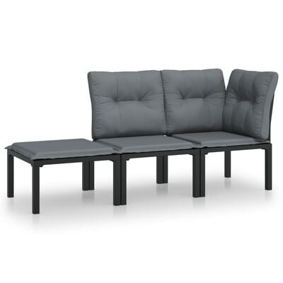 vidaXL 3-delige Loungeset met kussens poly rattan zwart en grijs