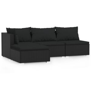 vidaXL 4-delige Loungeset met kussens poly rattan zwart