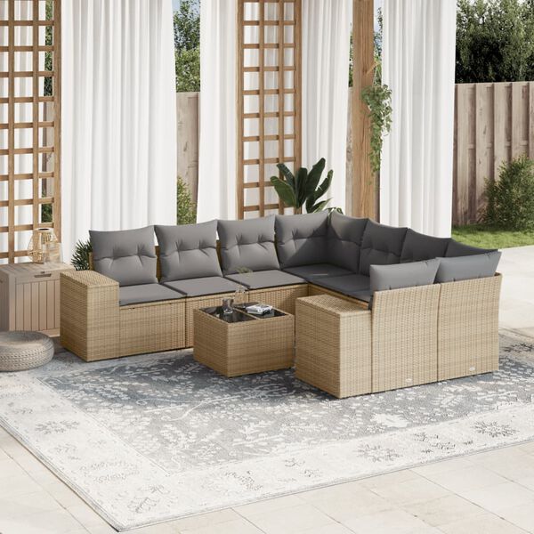 vidaXL 9-delige Loungeset met kussens poly rattan beige