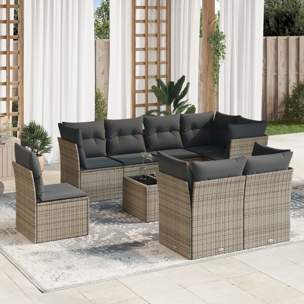 vidaXL 9-delige Loungeset met kussens poly rattan grijs