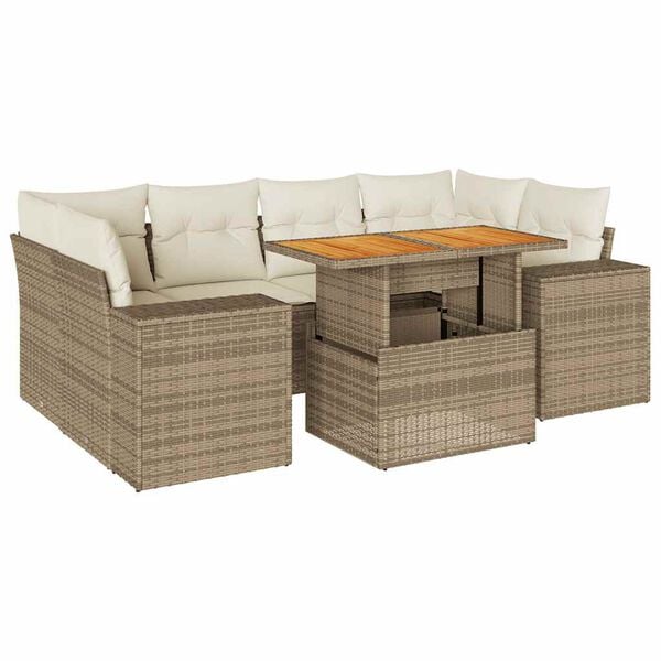 vidaXL 7-delige Loungeset met kussens poly rattan beige