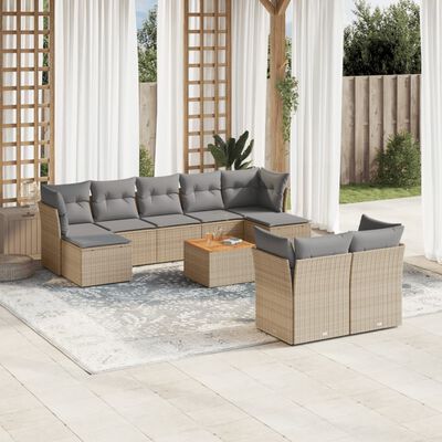 vidaXL 10-delige Loungeset met kussens poly rattan beige