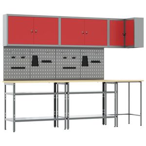 vidaXL Werkkast set met plank met opslag met slot 10 pcs Rood en Grijs