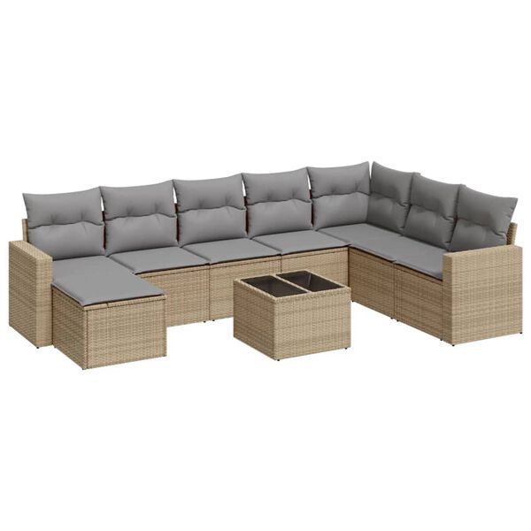 vidaXL 9-delige Loungeset met kussens poly rattan beige