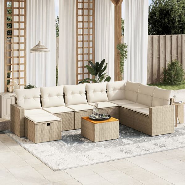 vidaXL 9-delige Loungeset met kussens poly rattan beige