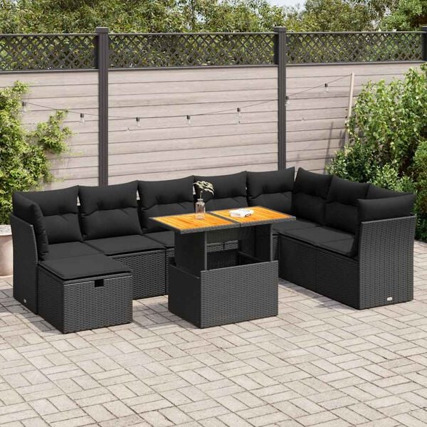 vidaXL 9-delige Loungeset met kussens poly rattan acacia zwart