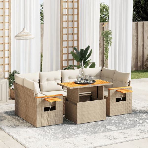 vidaXL 7-delige Loungeset met kussens poly rattan beige