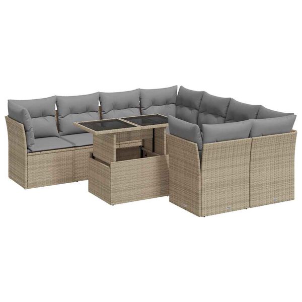 vidaXL 9-delige Loungeset met kussens poly rattan beige
