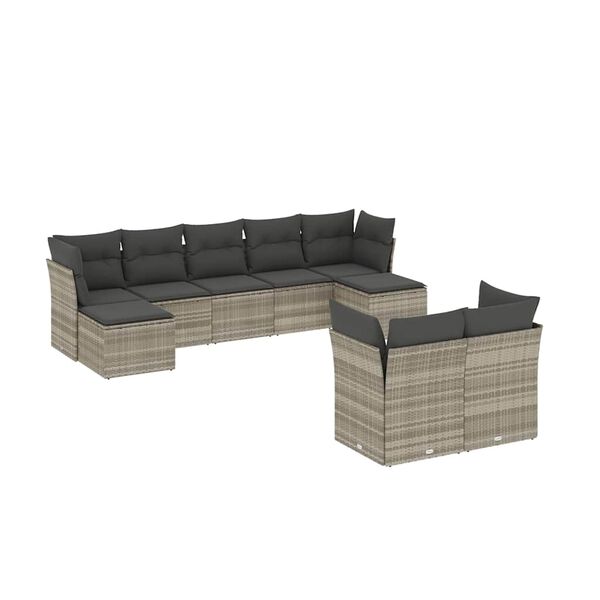 vidaXL 9-delige Loungeset met kussens poly rattan lichtgrijs