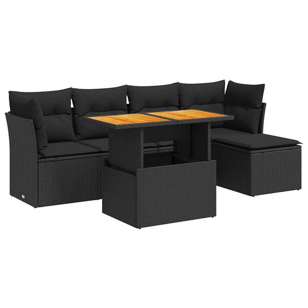 vidaXL 6-delige Loungeset met kussens poly rattan zwart