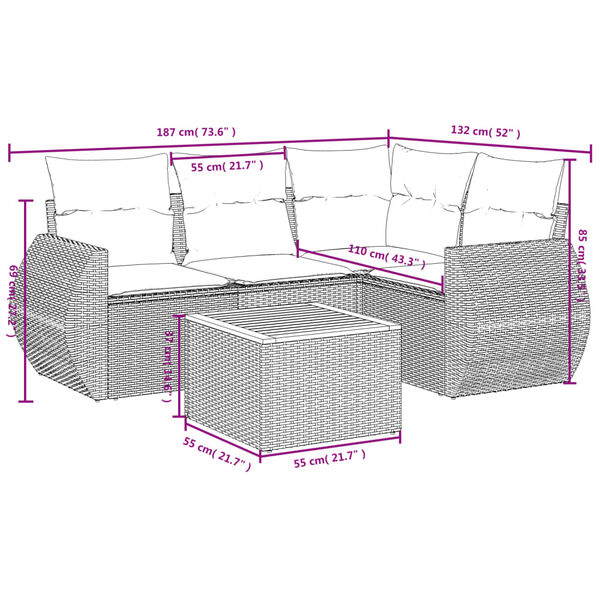 vidaXL 5-delige Loungeset met kussens poly rattan zwart