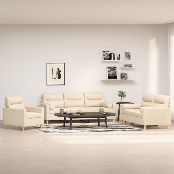 vidaXL 3-delige Loungeset met sierkussens en kussens stof cr&egrave;mekleurig