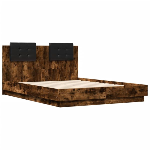 vidaXL Bedframe met hoofdeinde bewerkt hout gerookt eiken 135x190 cm