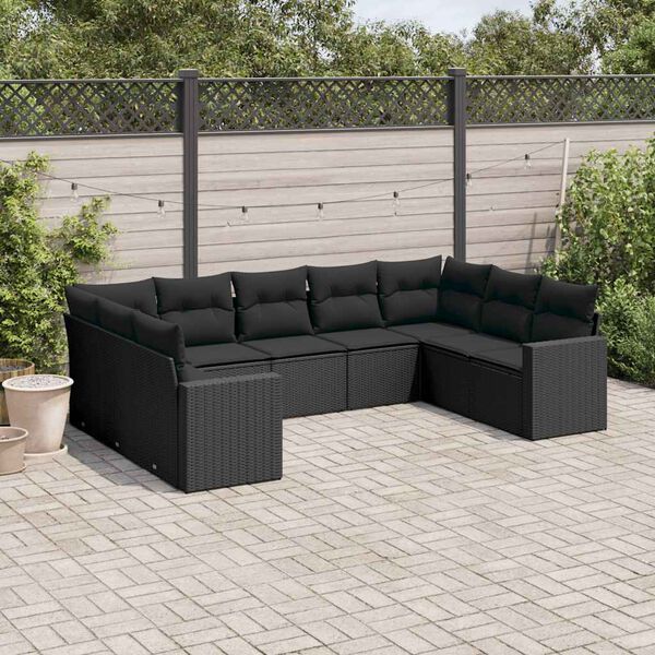 vidaXL 9-delige Loungeset met kussens poly rattan zwart