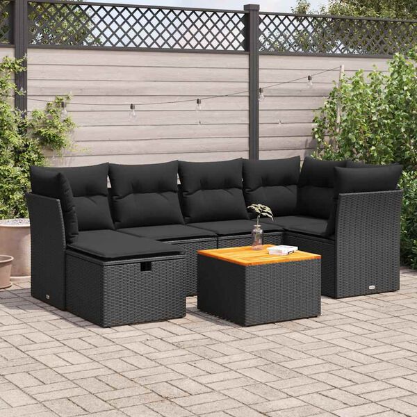 vidaXL 7-delige Loungeset met kussens poly rattan zwart