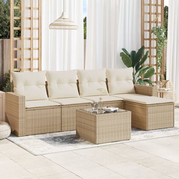 vidaXL 6-delige Loungeset met kussens poly rattan beige
