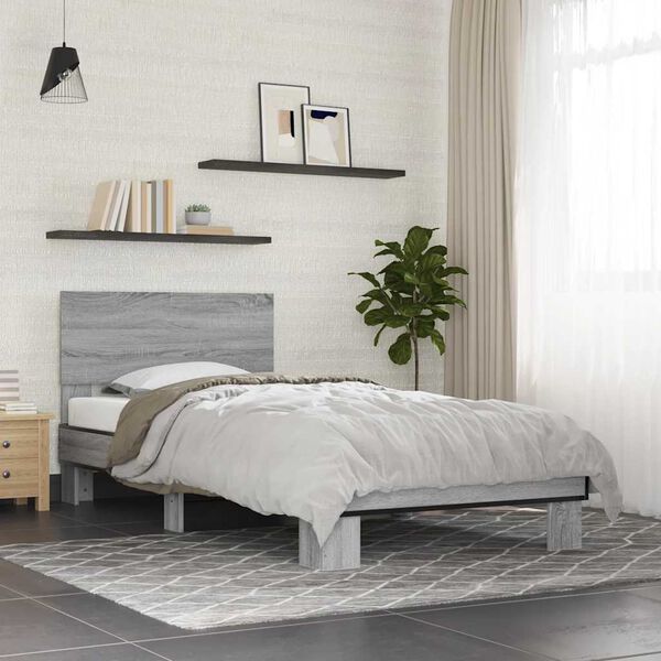 vidaXL Bedframe bewerkt hout en metaal grijs sonoma eiken 75x190 cm