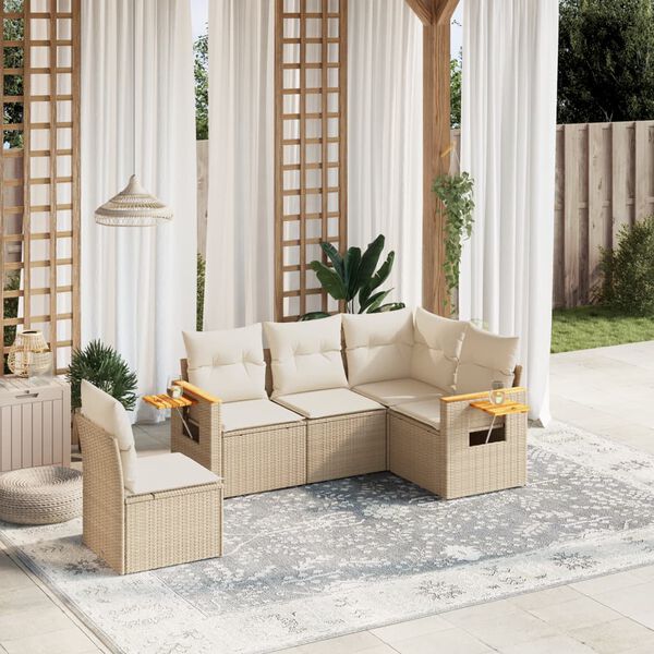 vidaXL 5-delige Loungeset met kussens poly rattan beige