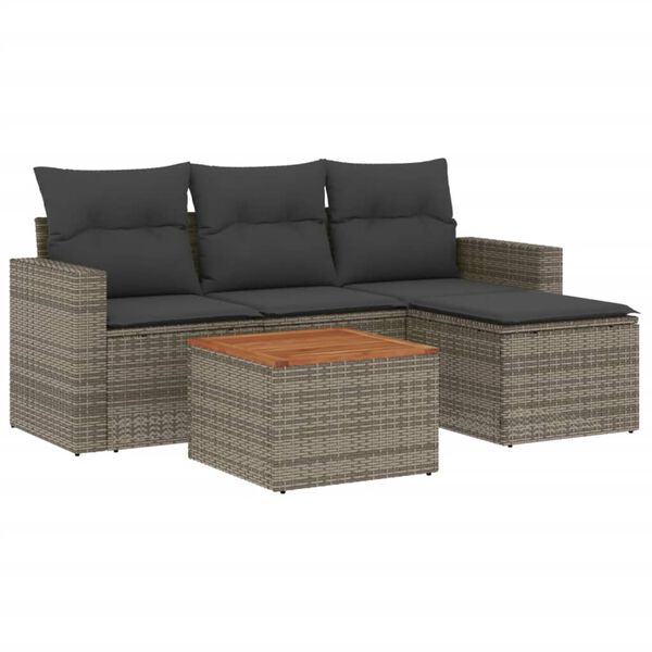 vidaXL 5-delige Loungeset met kussens poly rattan grijs