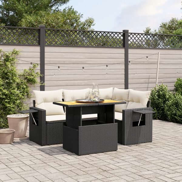 vidaXL 5-delige Loungeset met kussens poly rattan zwart