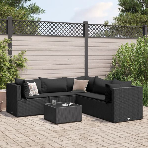 vidaXL 6-delige Loungeset met kussens poly rattan zwart