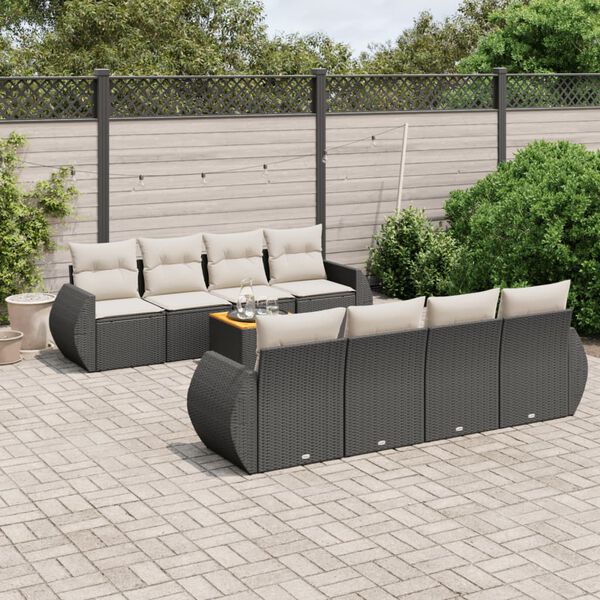 vidaXL 9-delige Loungeset met kussens poly rattan zwart