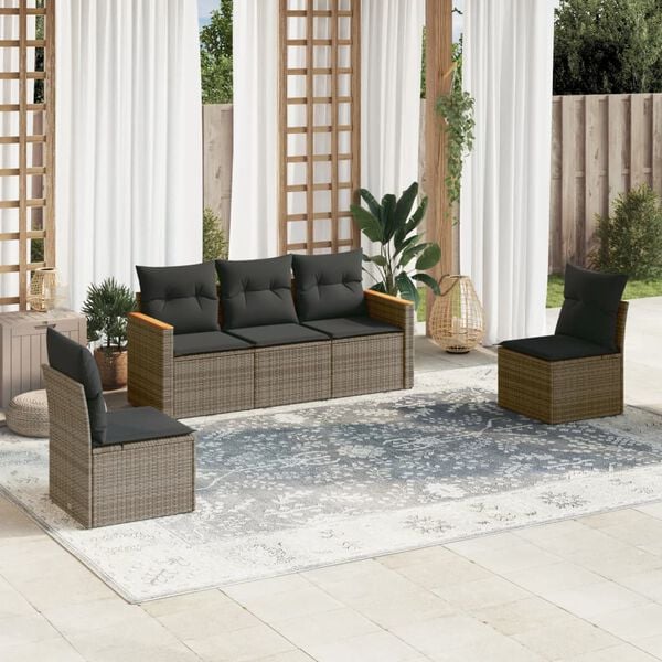 vidaXL 5-delige Loungeset met kussens poly rattan grijs
