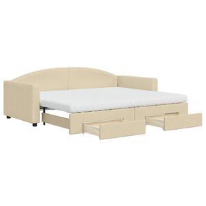 vidaXL Slaapbank met onderschuifbed en lades 90x200 cm stof cr&egrave;mekleur