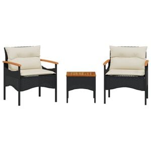 vidaXL 3-delige Loungeset met kussens poly rattan zwart