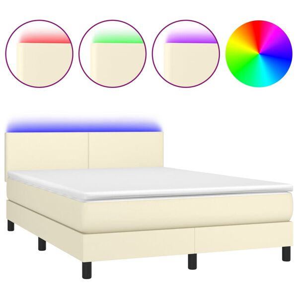 vidaXL Boxspring met matras en LED kunstleer cr&egrave;mekleurig 140x190 cm