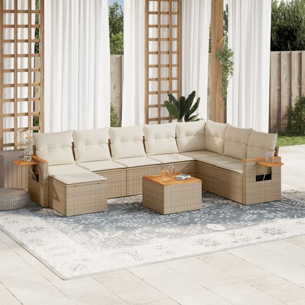 vidaXL 9-delige Loungeset met kussens poly rattan beige