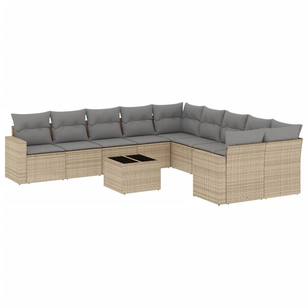 vidaXL 11-delige Tuinset met kussens poly rattan beige
