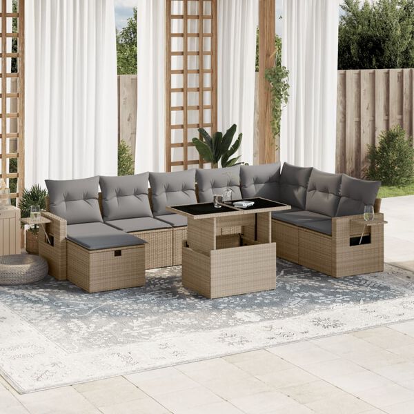 vidaXL 9-delige Loungeset met kussens poly rattan beige
