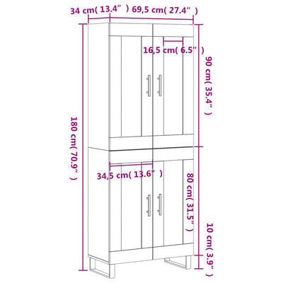 vidaXL Hoge kast 69,5x34x180 cm bewerkt hout zwart