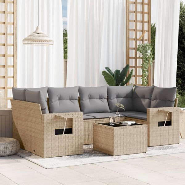 vidaXL 7-delige Loungeset met kussens poly rattan beige