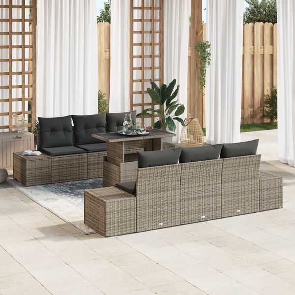 vidaXL Tuin Sofa Set 7 pcs Grijs Poly Rattan en Poedergecoat Staal