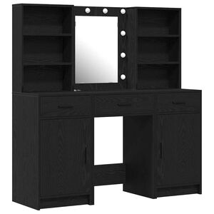 vidaXL Make-up tafel set met LED 3 pcs Zwart Eiken Bewerkt hout