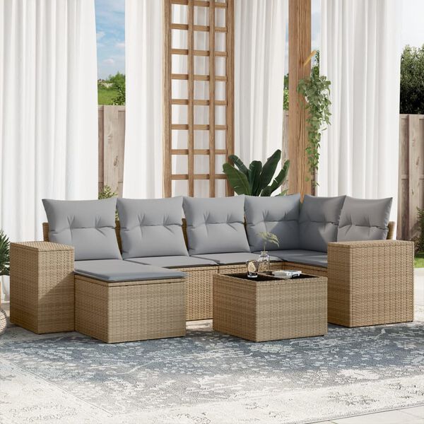 vidaXL 7-delige Loungeset met kussens poly rattan beige
