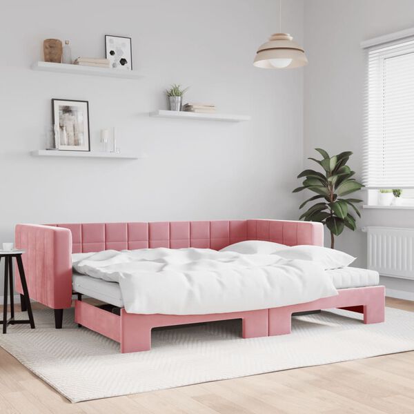 vidaXL Slaapbank onderschuifbed en matrassen 90x200 cm fluweel roze